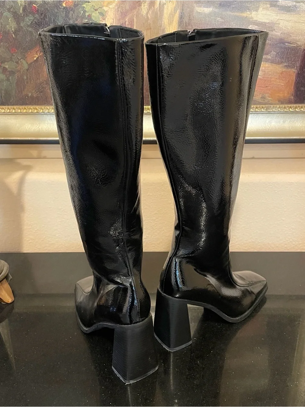 Princess Polly Black Patent Knee-High Block Heel Boots